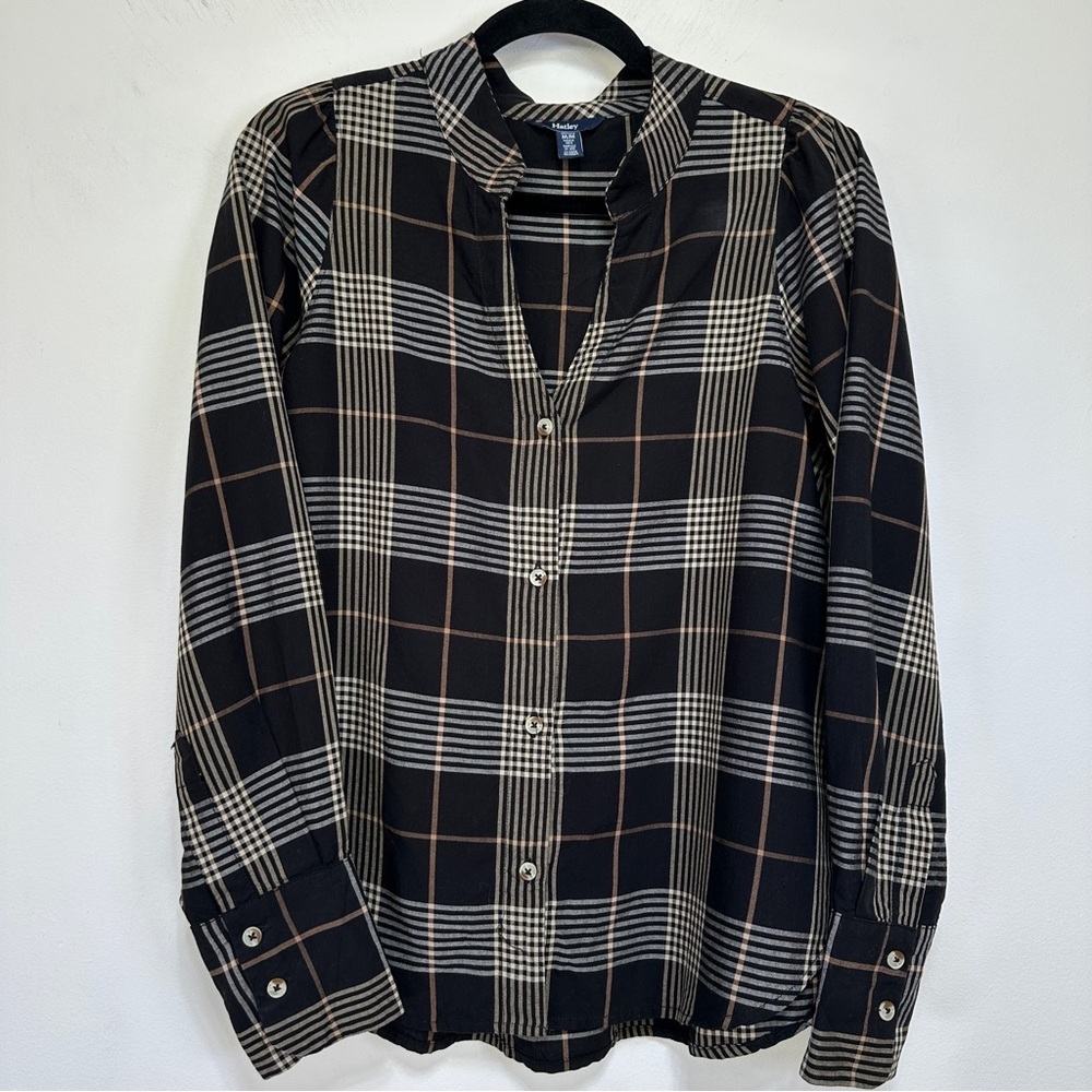 Hatley Plaid Collarless Blouse Lightweight Button Front Shirt M Preppy Neutral